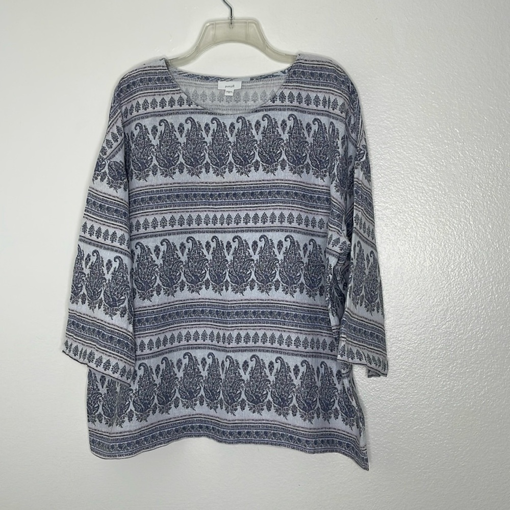 J. Jill Pure Jill Size XL Hemp Cotton Tunic Top 3/4 Sleeves Pale Blue Paisley